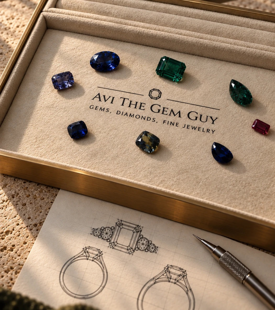 Loose emeralds and sapphires in a brass-rimmed suede jeweller's tray, with pencil ring drawings on paper below