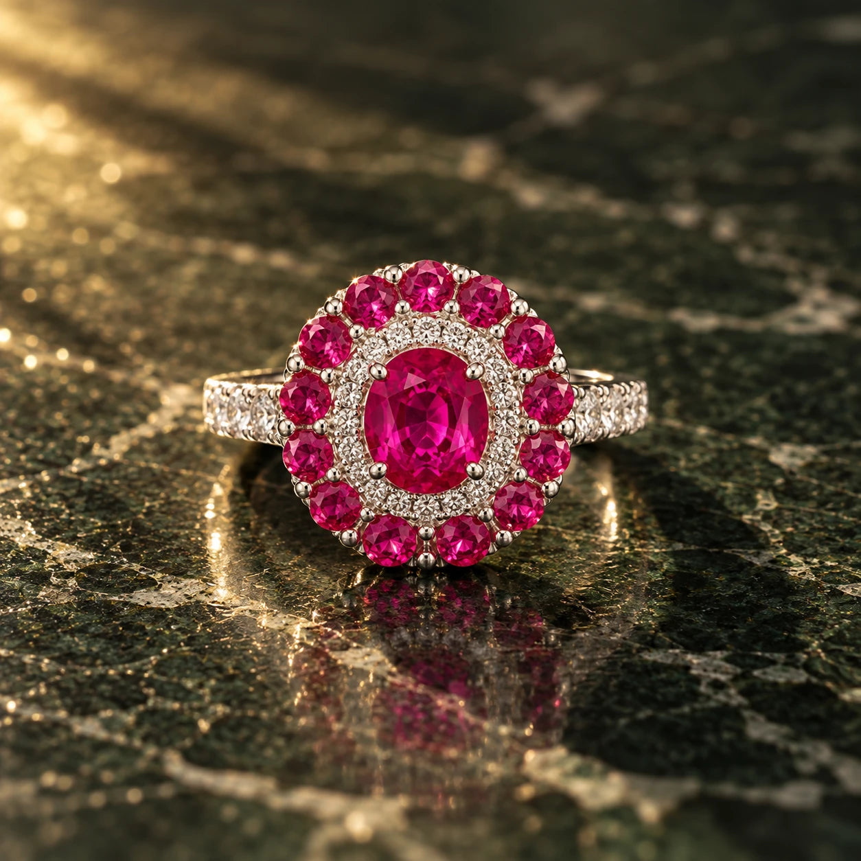 A white metal cluster ring with an oval pink stone at the centre, a halo of diamonds around it and an outer ring of pink stones, on dark green marble