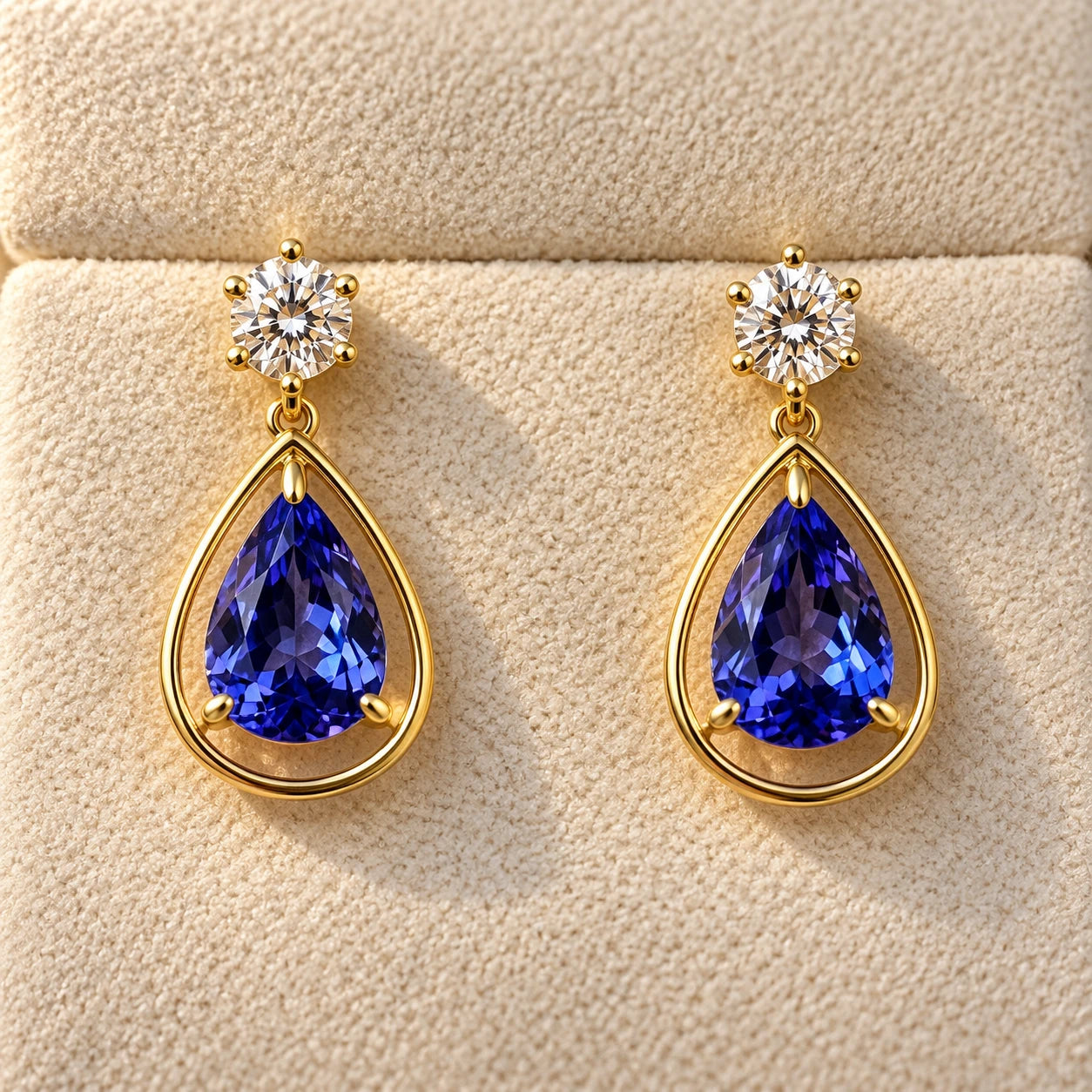 A pair of yellow gold drop earrings seated in a cream suede pad, each a round diamond above a pear-cut tanzanite held by claws inside an open teardrop frame