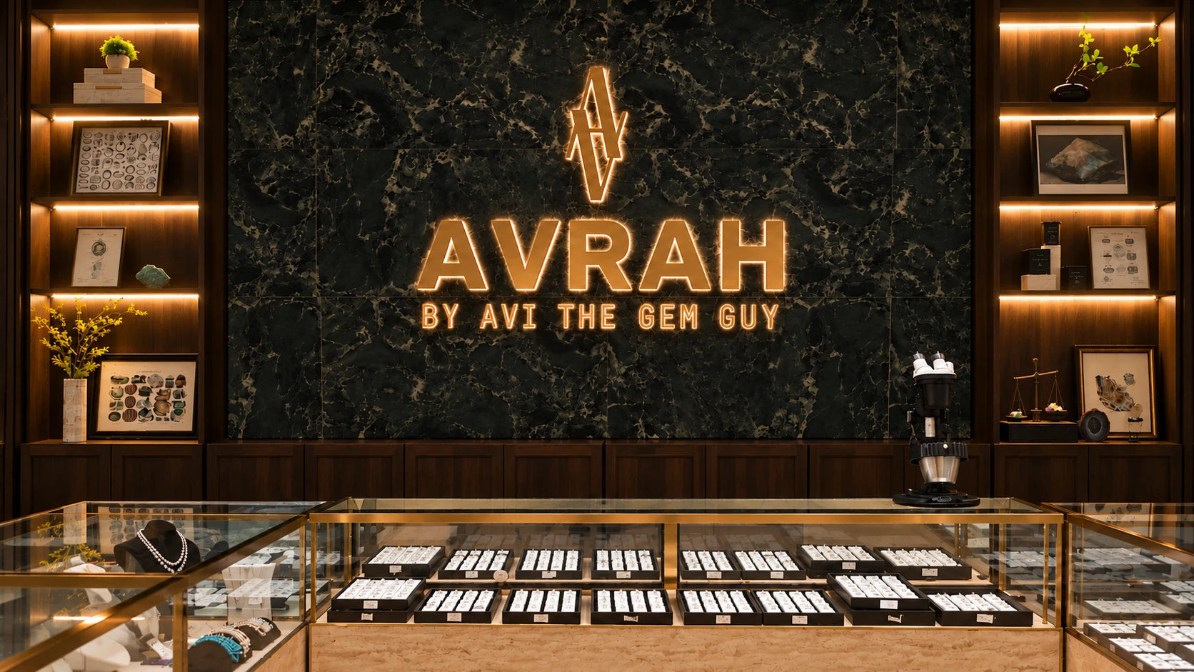 The Chicago showroom: the AVRAH wall in dark green marble, lit shelves of mineral prints and specimens, and glass cases of jewellery