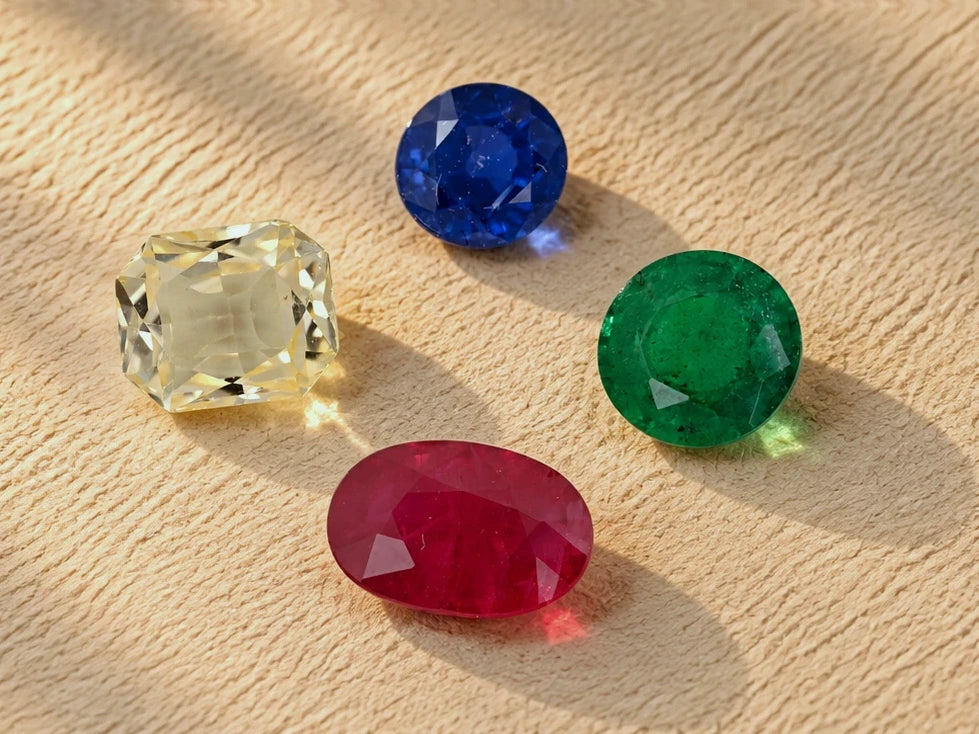Example of Gold tier quality: no heat yellow sapphire, blue sapphire, ruby and Colombian emerald. Actual stones vary in type, size and appearance.