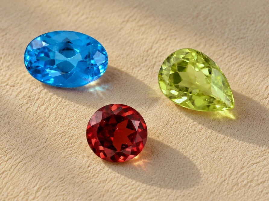 Example of Minimum tier quality: apatite, peridot and garnet on a bone card. Actual stones vary in type, size and appearance.