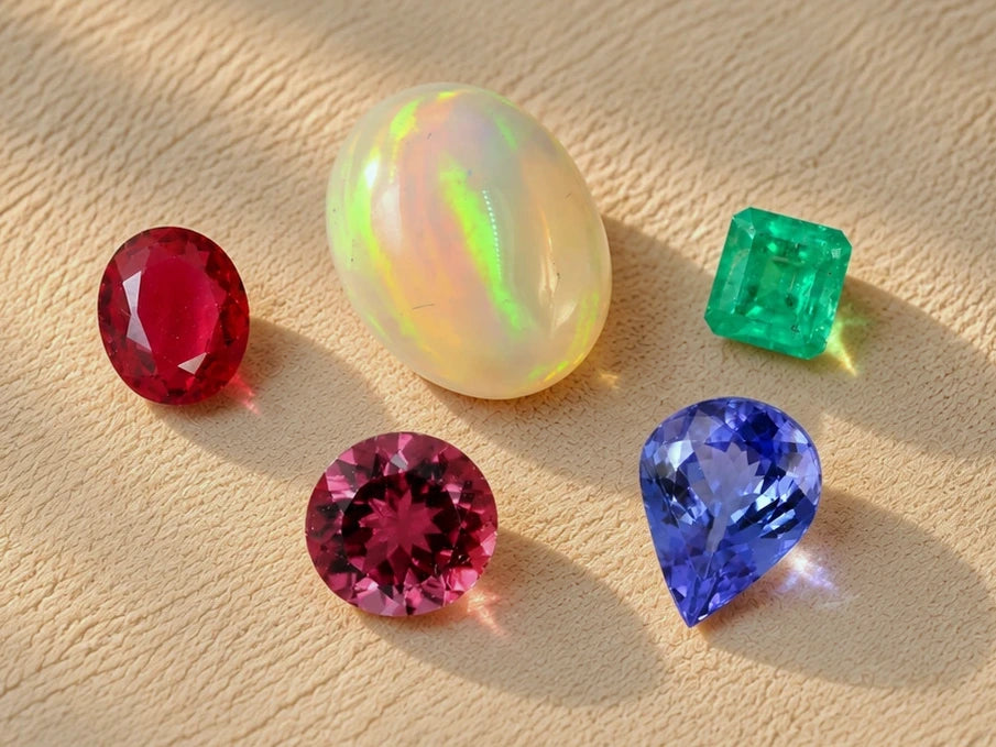 Example of Silver tier quality: ruby, Ethiopian opal, Colombian emerald, tourmaline and tanzanite. Actual stones vary in type, size and appearance.