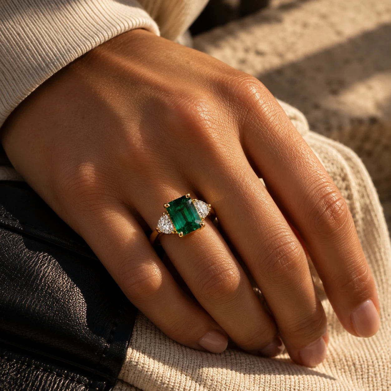 Emerald-cut emerald ring with trillion diamond sides in yellow gold, worn on a hand