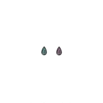 Teardrop alexandrite gemstone pair, green-to-purple color-changing stones