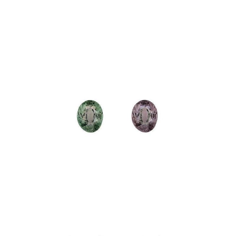 Oval alexandrite gemstones, 0.21 ct pair, green and purple color-shift