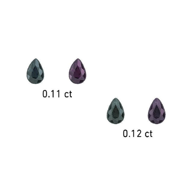 Teardrop alexandrite pair: dark green and purple, 0.11 ct & 0.12 ct