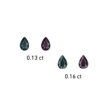 Teardrop alexandrite gemstones, dark teal and purple, 0.13 ct and 0.16 ct