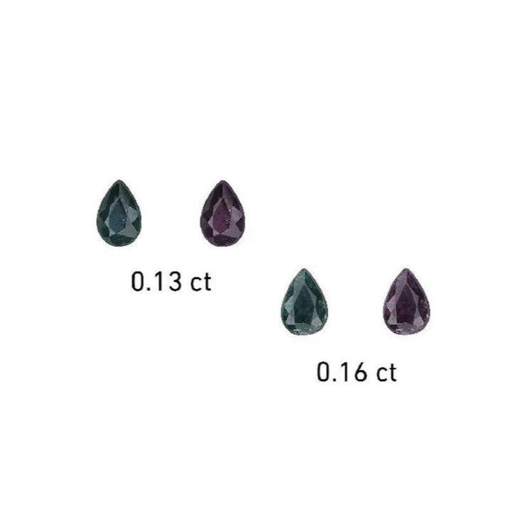 Teardrop alexandrite gemstones, dark teal and purple, 0.13 ct and 0.16 ct