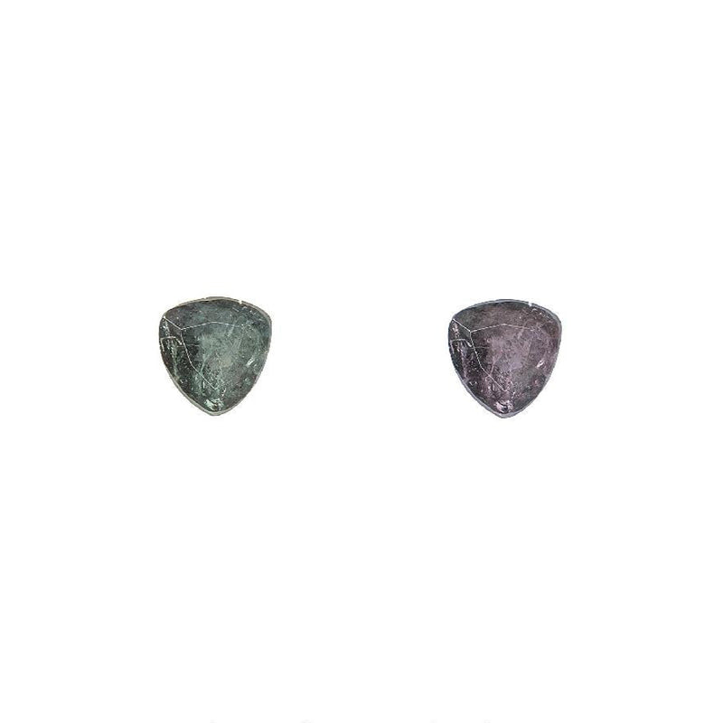 Faceted triangular alexandrite gemstone pair, green and purple tones