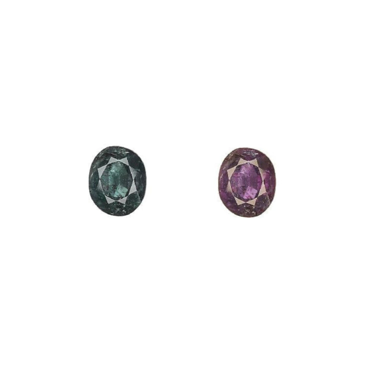 Oval alexandrite gemstone pair, green-blue and purple color-changing stones