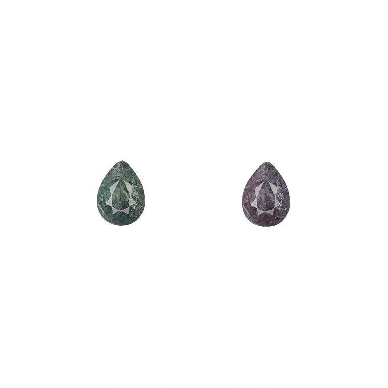 Pair of pear-cut alexandrite gemstones, green and purple