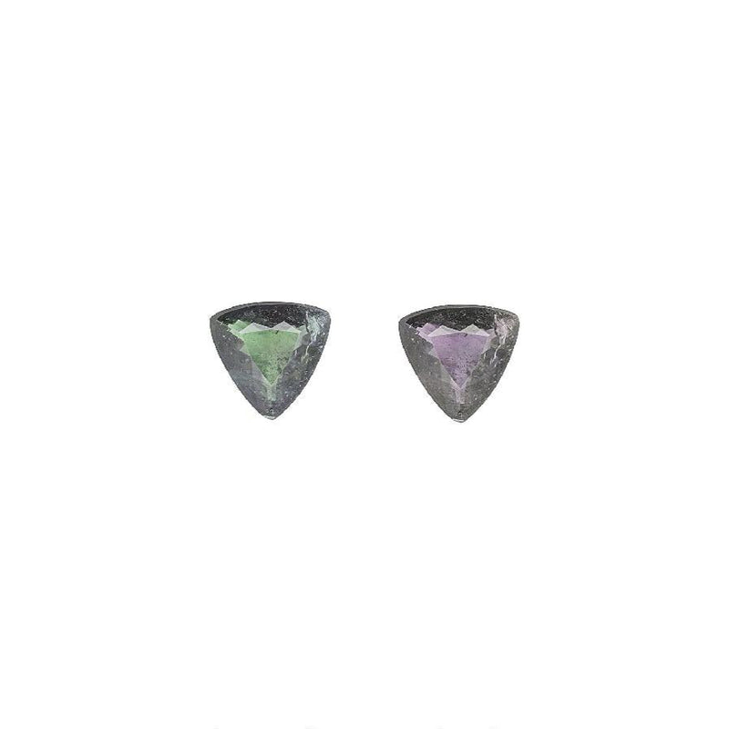 Alexandrite stud earrings with triangular stones, green to purple color shift