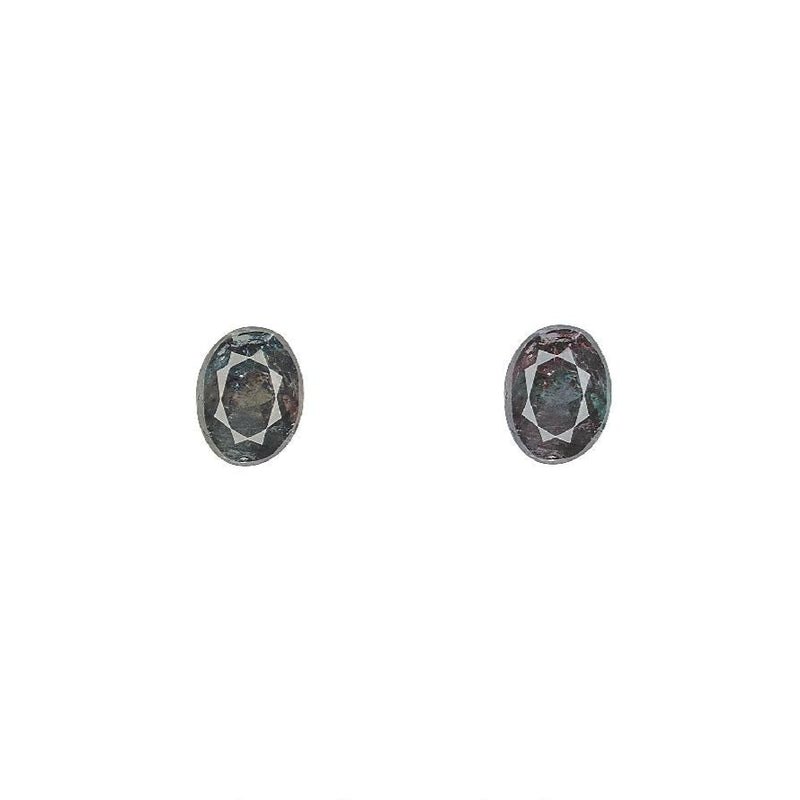 Oval alexandrite gemstone in dark metal bezel setting, pair stud earrings