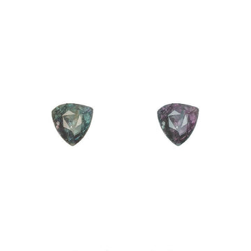 Trillion-cut alexandrite gemstone, green-to-purple color, pair of two loose stones