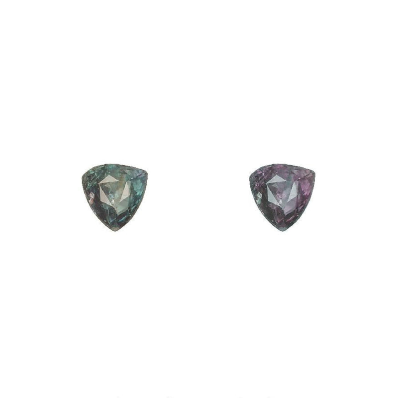 Trillion-cut alexandrite gemstone, green-to-purple color, pair of two loose stones