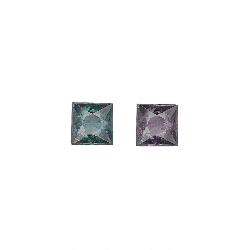 Square-cushion alexandrite gemstone in blue-green and purple, dual view