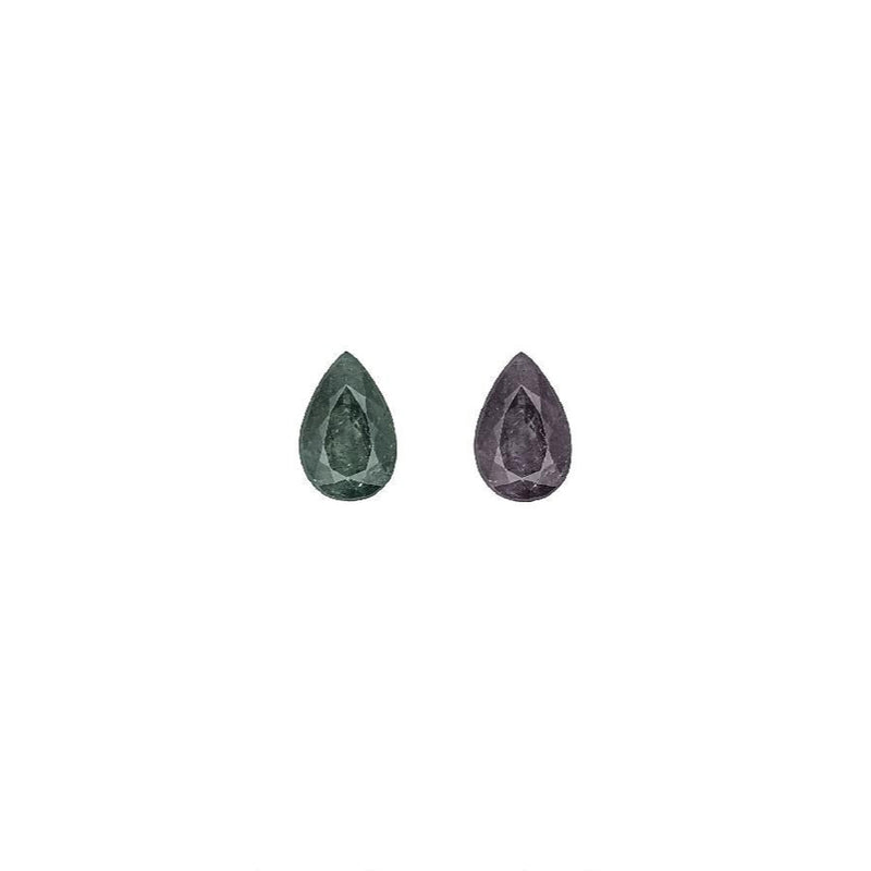 Alexandrite gemstone pair, pear-cut, two colors: greenish and reddish purple