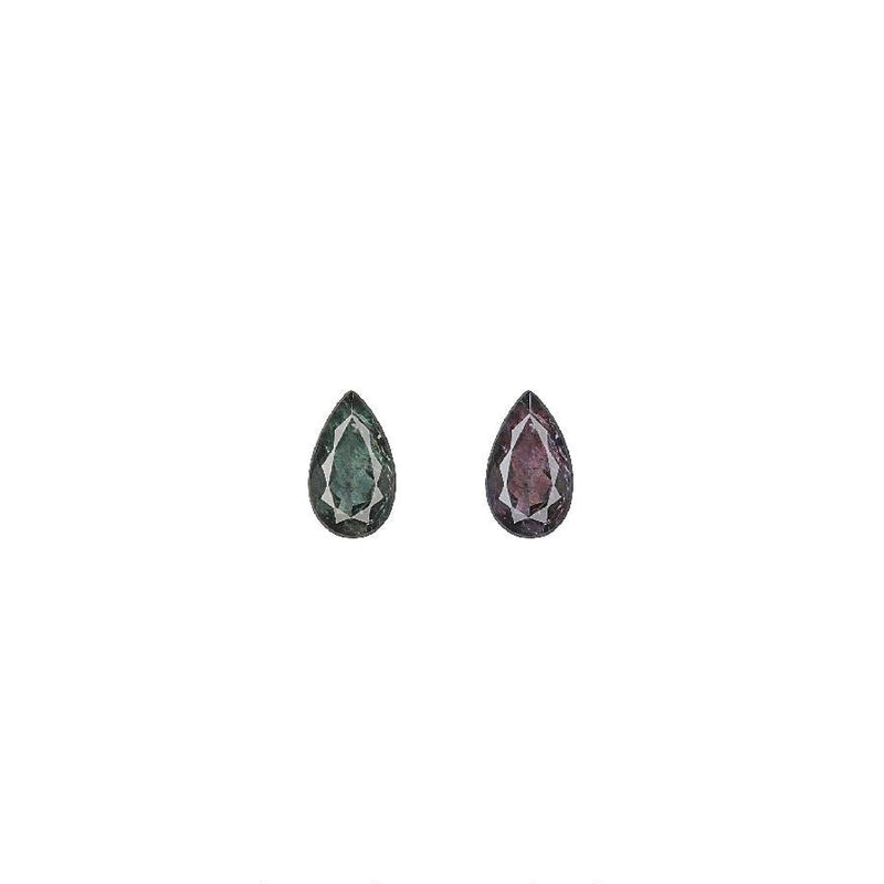 Pair of pear-cut 0.73 ct alexandrite gemstones, one green, one reddish-purple