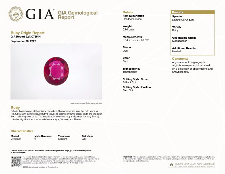 GIA Gemological report page showing oval ruby result