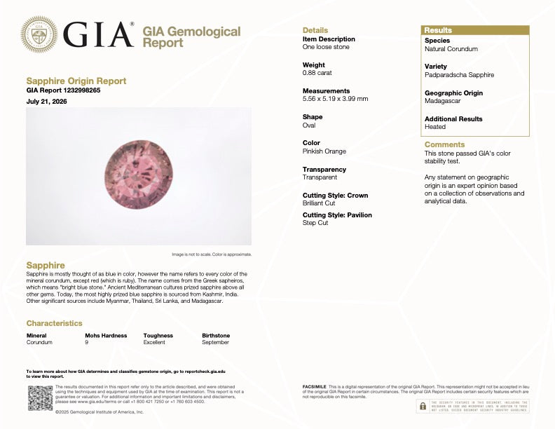 GIA report page with oval pinkish orange padparadscha sapphire photo and details