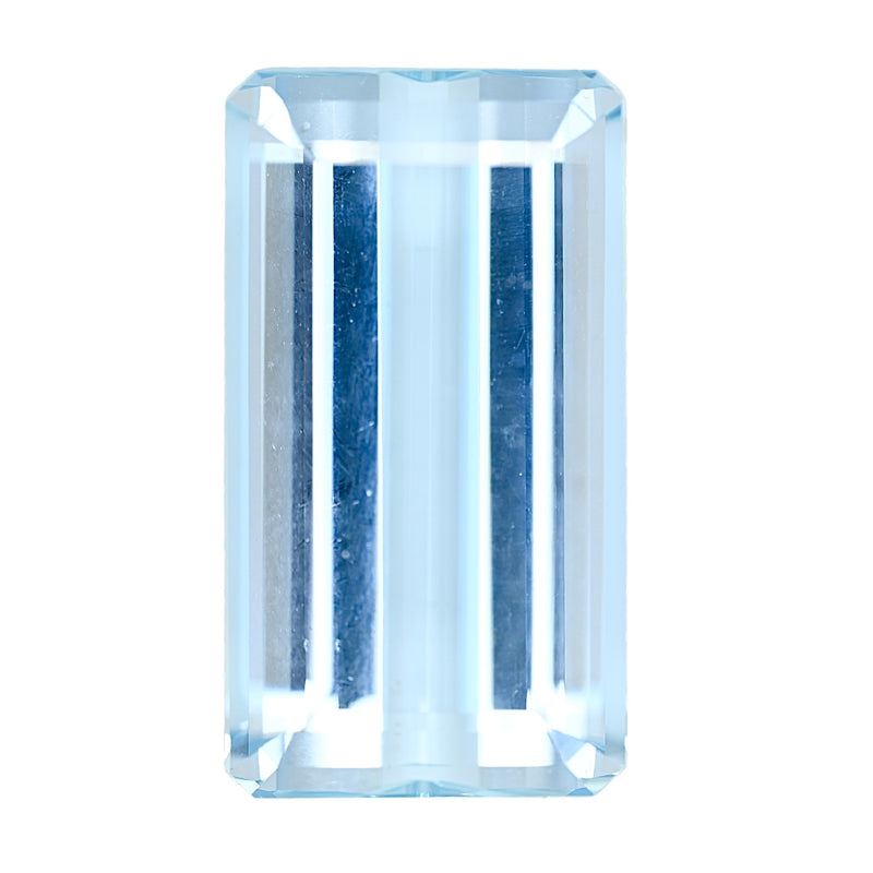 Light blue aquamarine gemstone, emerald-cut rectangular with faceted crystal