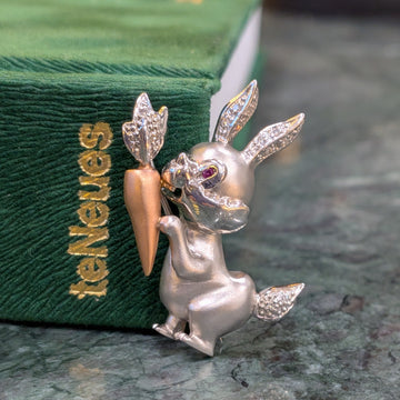 14k rabbit lapel pin, gold-tone bunny with purple eye detail and crystal accents