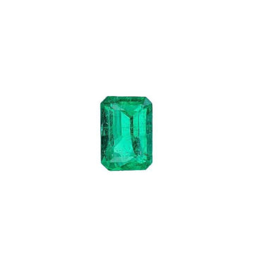 Emerald-cut green gemstone, faceted with a rectangular step-cut silhouette