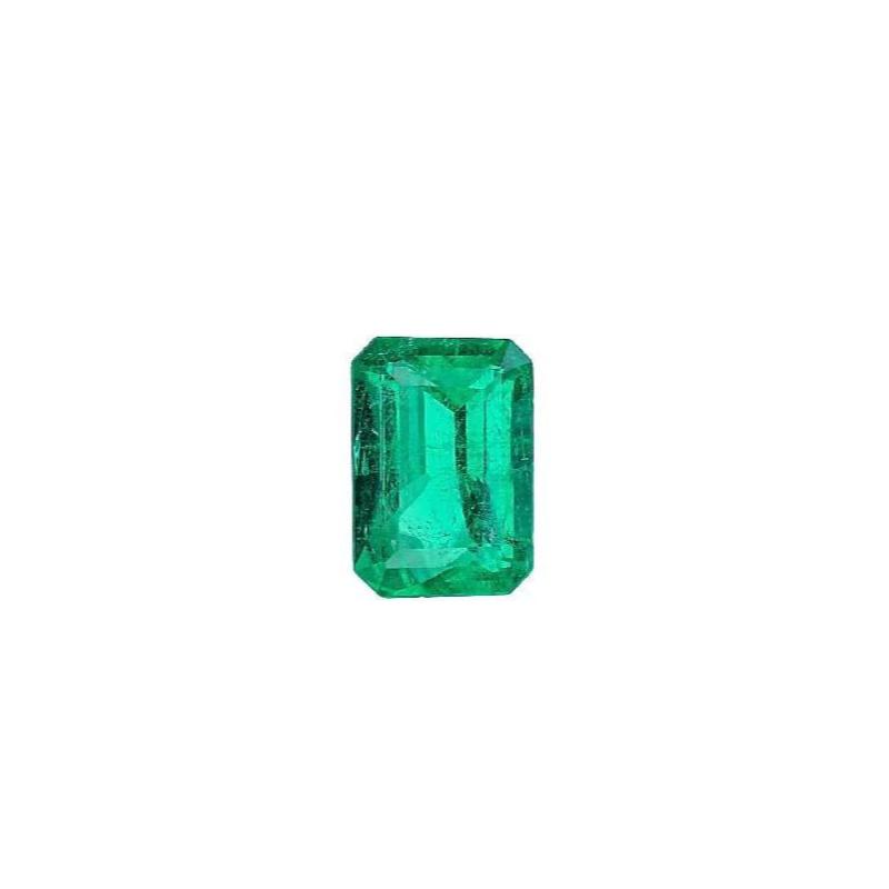 Emerald-cut green gemstone, faceted with a rectangular step-cut silhouette