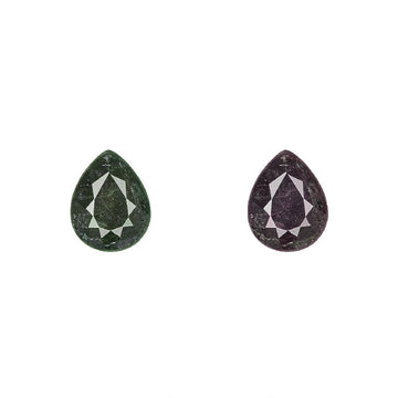 Pear-cut alexandrite gemstones, one dark green and one dark purple, faceted teardrop