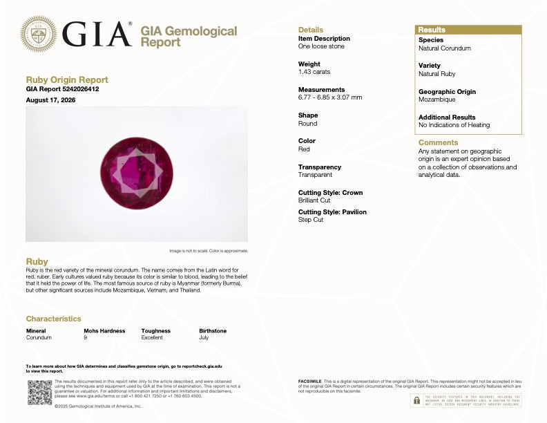 Round red ruby gemstone with facet detail shown on GIA certificate report