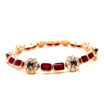 Ruby and diamond bracelet with alternating square rubies and round diamond clusters, rose gold