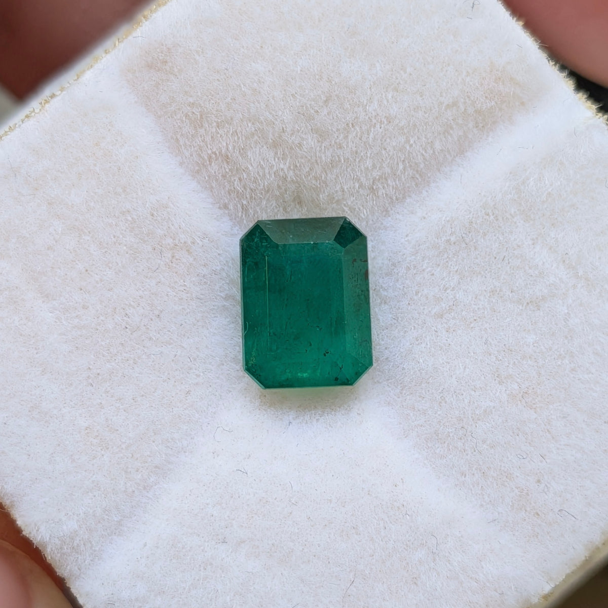 Emerald-cut green gemstone on white display cushion