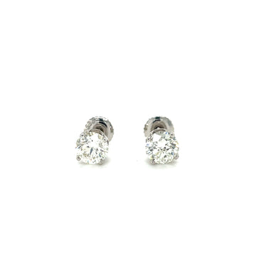 14k white gold diamond stud earrings, round bezel-set with clear stones