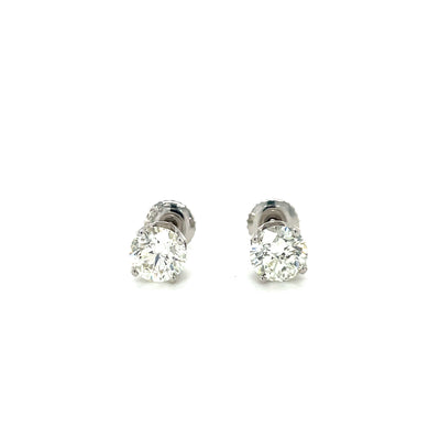 14k white gold diamond stud earrings, round bezel-set with clear stones