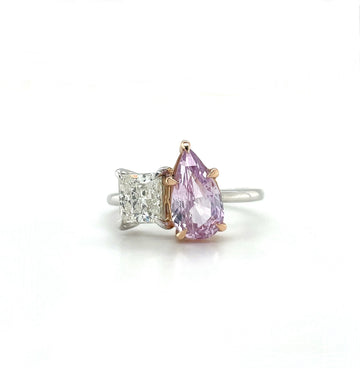 14k white gold toi et moi ring with pear pink sapphire and cushion diamond accents