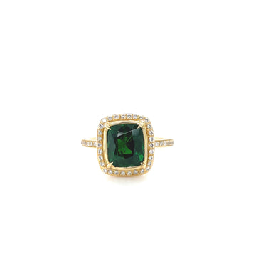 14k yellow gold ring with square green tsavorite center and diamond halo