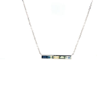 Sapphire bar pendant necklace in 14k white gold with blue baguette stones