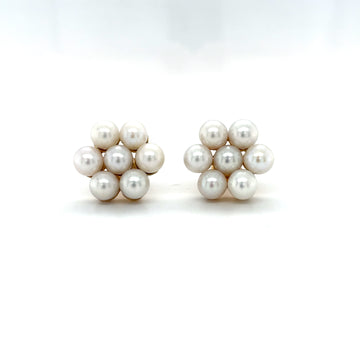 Freshwater pearl cluster stud earrings with round white pearls, paired set