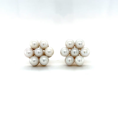Freshwater pearl cluster stud earrings with round white pearls, paired set