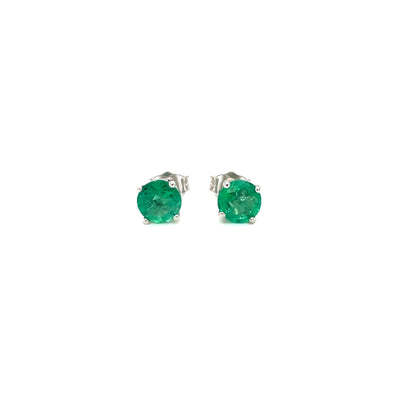 14k white gold emerald stud earrings, round green gemstones with prong settings