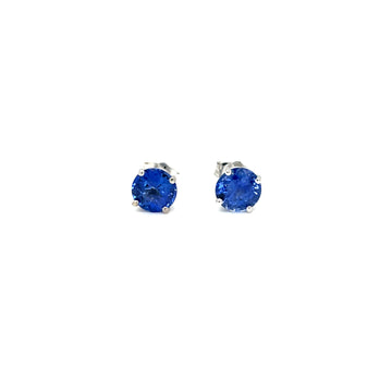 Blue sapphire stud earrings in 14k white gold, round bezel-set stones