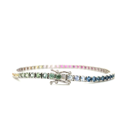 Rainbow ombre sapphire tennis bracelet with rectangular box clasp, multicolor stones