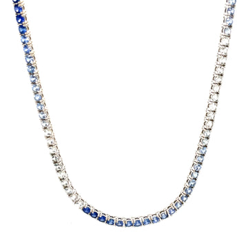 Blue sapphire and diamond tennis necklace in 14k white gold, full hoop view