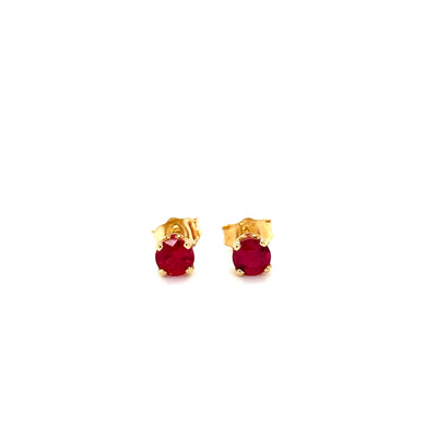 14k yellow gold ruby stud earrings, round red gemstones with push-back posts