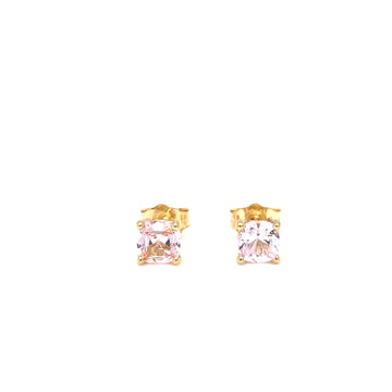 14k yellow gold cushion pink sapphire stud earrings, pair front view