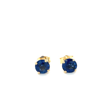 Round blue sapphire stud earrings in 14k yellow gold, post backs