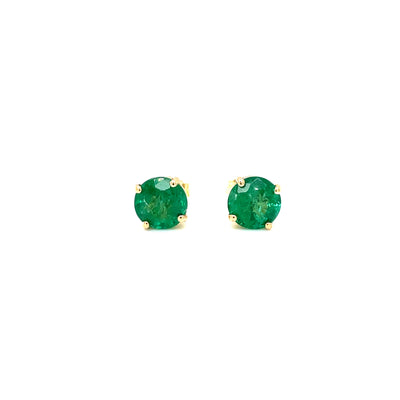 14k yellow gold emerald stud earrings with round green gemstones, prong-set