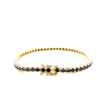 Yellow gold black diamond tennis bracelet with square center clasp and continuous stones