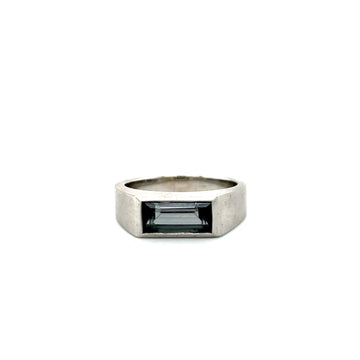 14k white gold signet ring featuring dark green rectangular tourmaline stone